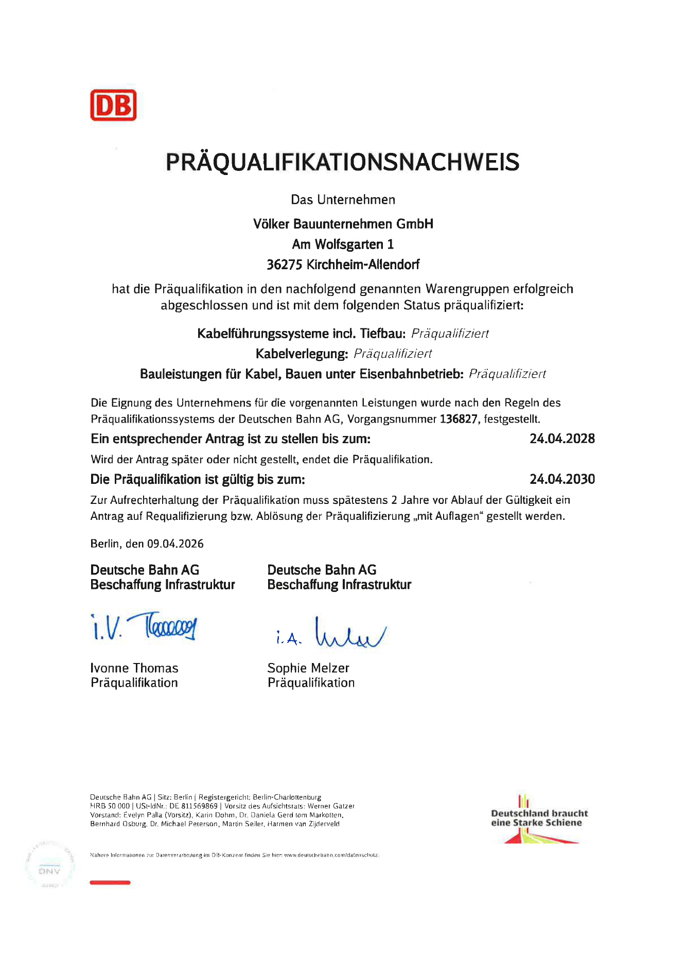Präqualifikationsnachweis: Kabelführung incl. Tievbau, Kabelverlegung etc.