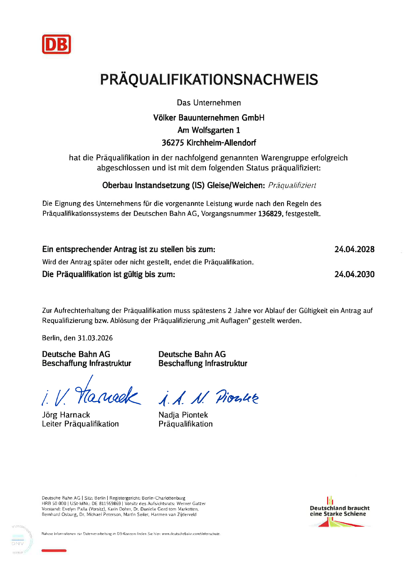 Präqualifikationsnachweis: Oberbau Inastandsetzung (IS) Gleis/Weichen