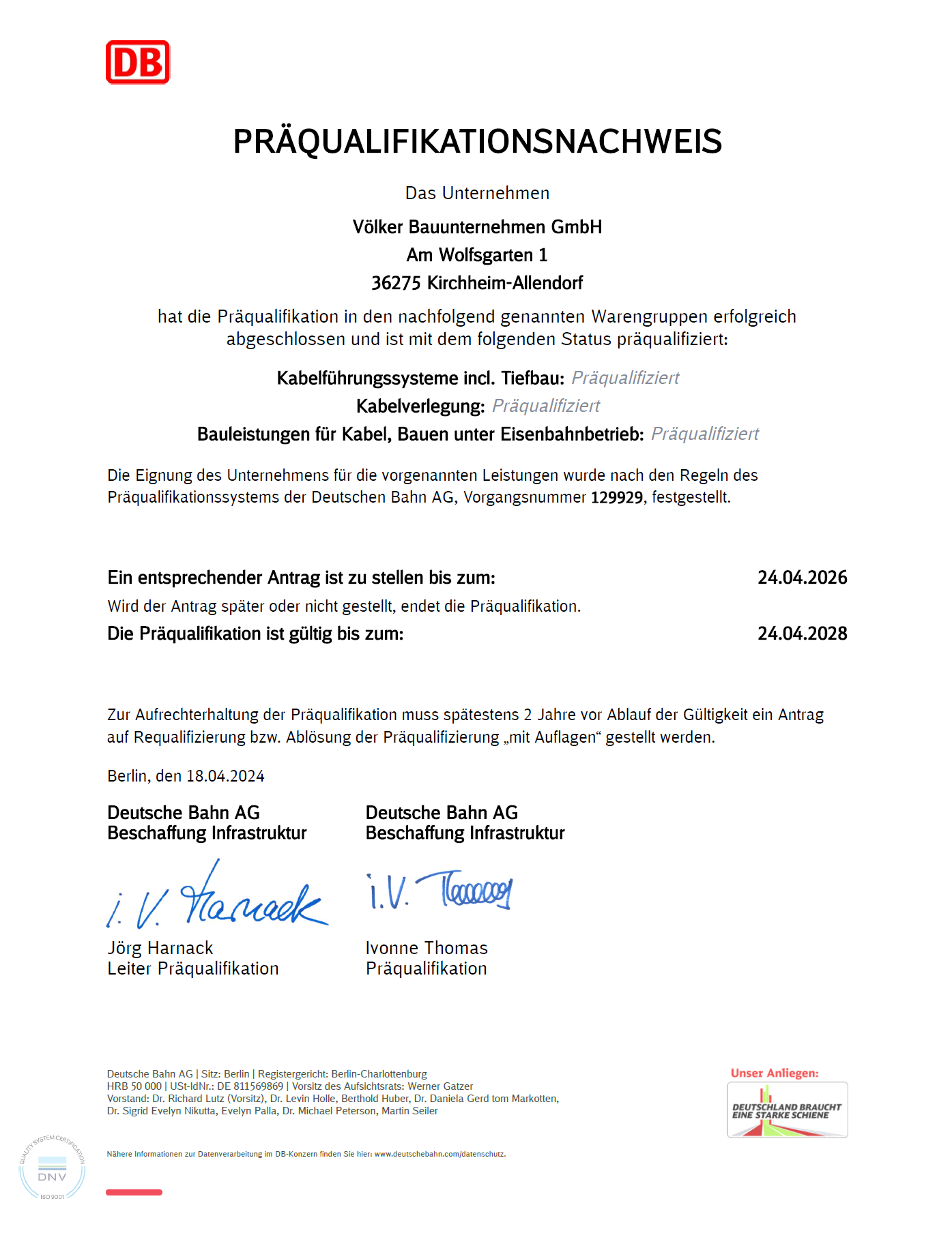 Präqualifikationsnachweis: Kabelführung incl. Tievbau, Kabelverlegung etc.