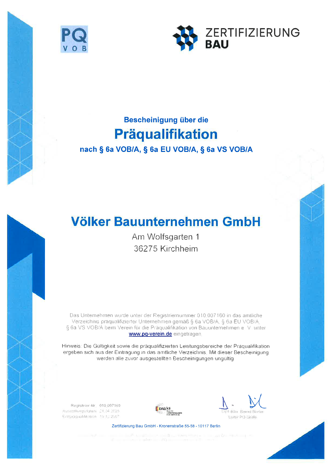 Präqualifikation nach VOB $ 6a VOB/A, S 6a EU VOB/A, $ 6a VS VOB/A